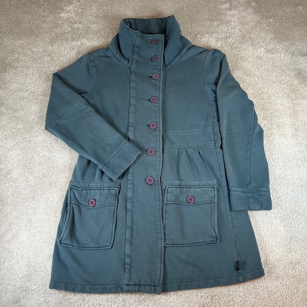 PrAna Longline Fleece Jacket Womens S Teal Blue Button‎ Front Funnel Neck Coat